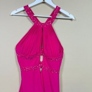 Morgan & Co Halter Dress Sequin Formal Gown Sleeveless Hot Pink Size 12P‎